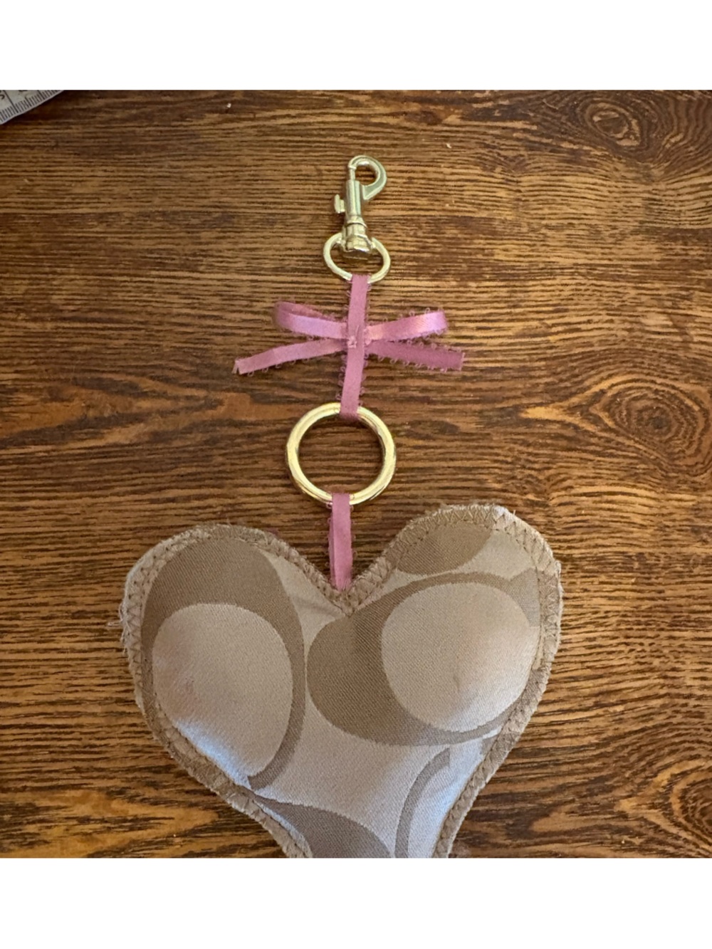 Handmade Bag Heart Charm Made With Repurposed COACH bags Tan Monogram Gold 5”